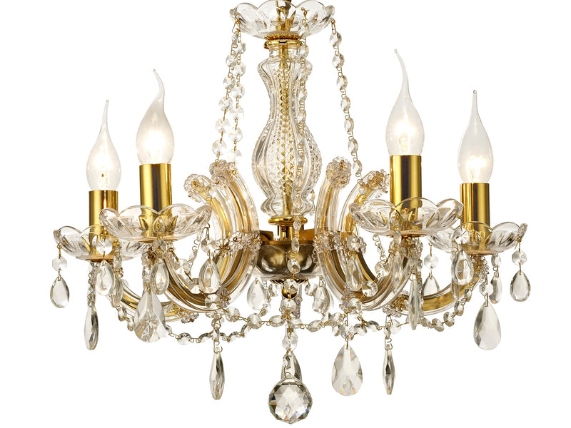 Deco Gabrielle Chandelier With Glass Sconce & Glass Crystal Droplets 5 Light E14 Polished Brass Finish • D0021
