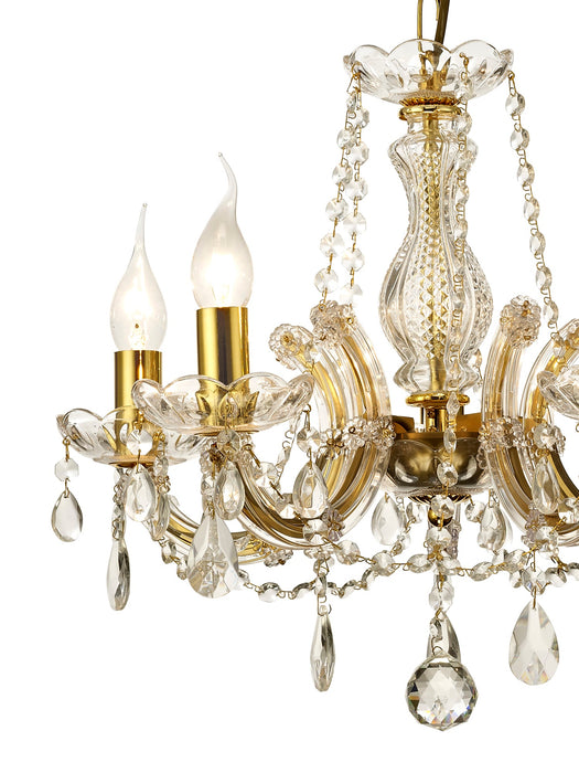Deco Gabrielle Chandelier With Glass Sconce & Glass Crystal Droplets 5 Light E14 Polished Brass Finish • D0021