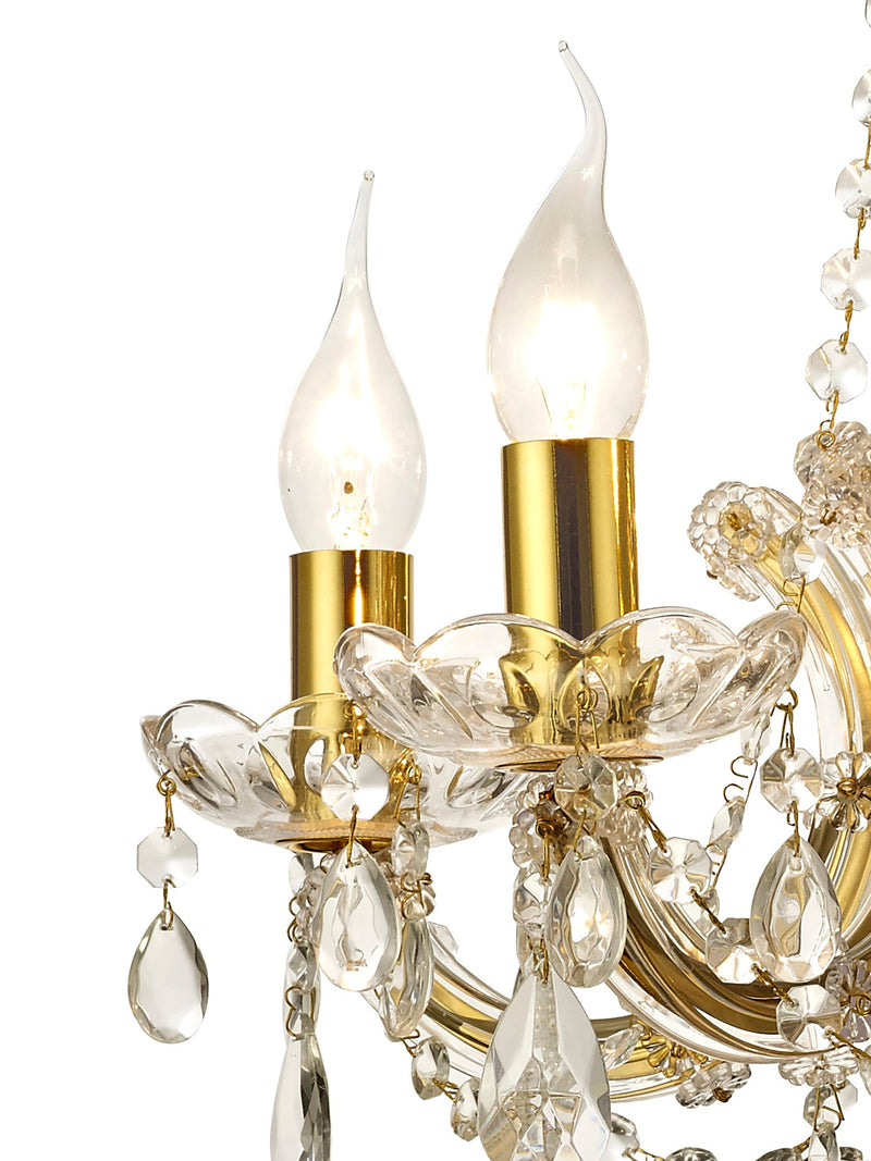 Deco Gabrielle Chandelier With Glass Sconce & Glass Crystal Droplets 5 Light E14 Polished Brass Finish • D0021