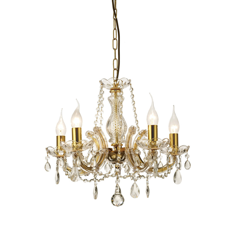 Deco Gabrielle Chandelier With Glass Sconce & Glass Crystal Droplets 5 Light E14 Polished Brass Finish • D0021