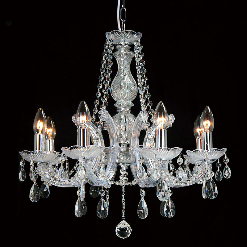 Deco Gabrielle Chandelier With Acrylic Sconce & Glass Crystal Droplets 8 Light E14 Polished Chrome Finish • D0022