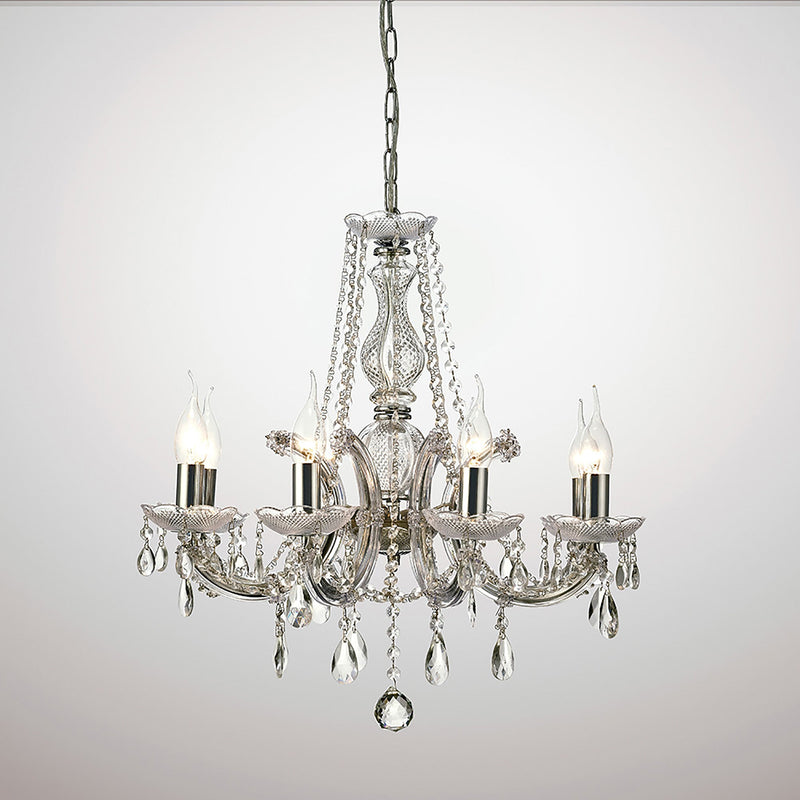 Deco Gabrielle Chandelier With Acrylic Sconce & Glass Crystal Droplets 8 Light E14 Polished Chrome Finish • D0022