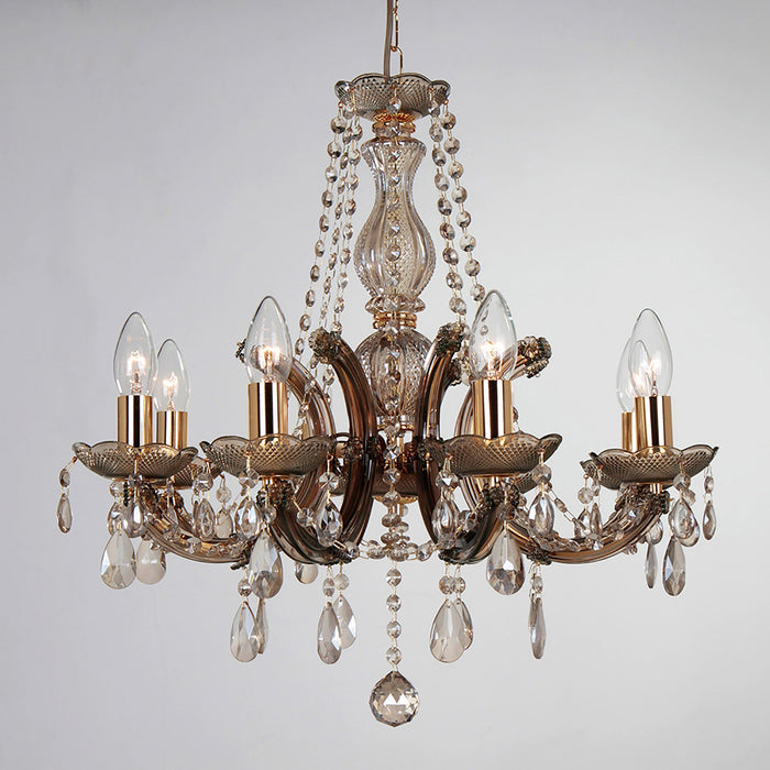 Deco Gabrielle Chandelier With Acrylic Sconce & Glass Droplets 8 Light E14 Mink Finish • D0023