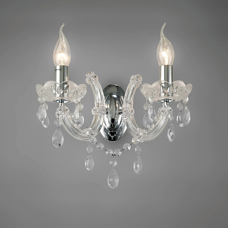 Deco Gabrielle Wall Lamp 2 Light E14 With Glass Sconce & Glass Droplets/Polished Chrome • D0024