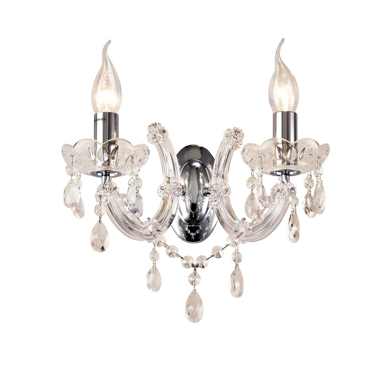 Deco Gabrielle Wall Lamp 2 Light E14 With Glass Sconce & Glass Droplets/Polished Chrome • D0024