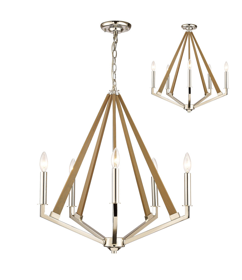 Diyas Hilton Pentagonal Pendant 5 Light E14 Polished Nickel/Taupe Wood • IL31682