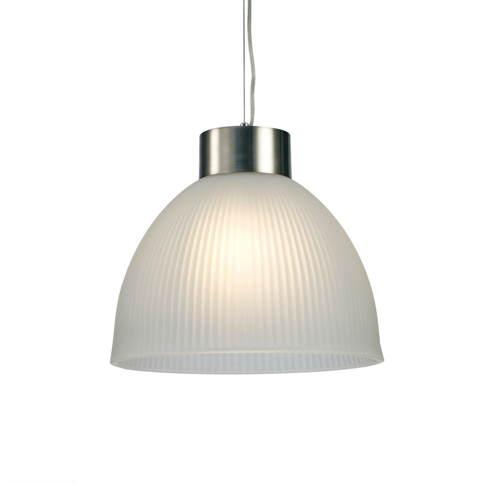 Deco Hof Single Pendant 1 Light E27, Satin Nickel/ Frosted Ribbed Glass Shade • D0272