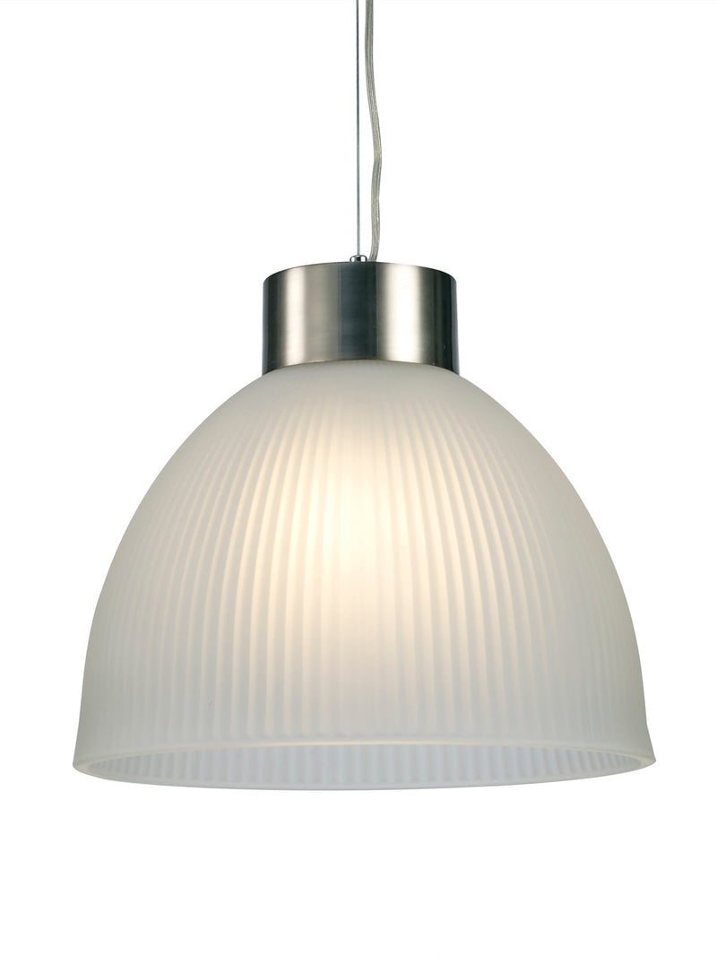 Deco Hof Single Pendant 1 Light E27, Satin Nickel/ Frosted Ribbed Glass Shade • D0272