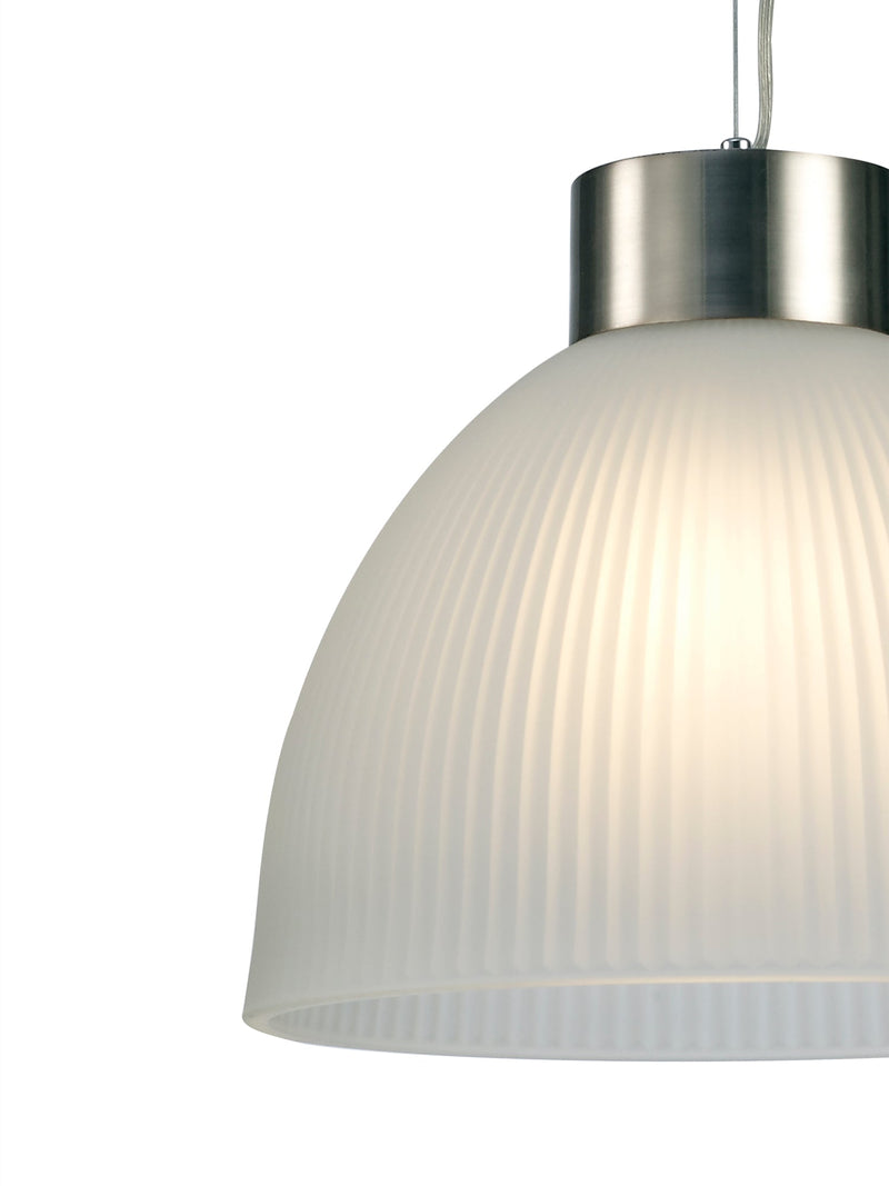 Deco Hof Single Pendant 1 Light E27, Satin Nickel/ Frosted Ribbed Glass Shade • D0272