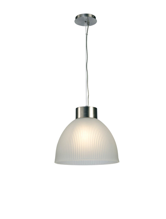 Deco Hof Single Pendant 1 Light E27, Satin Nickel/ Frosted Ribbed Glass Shade • D0272