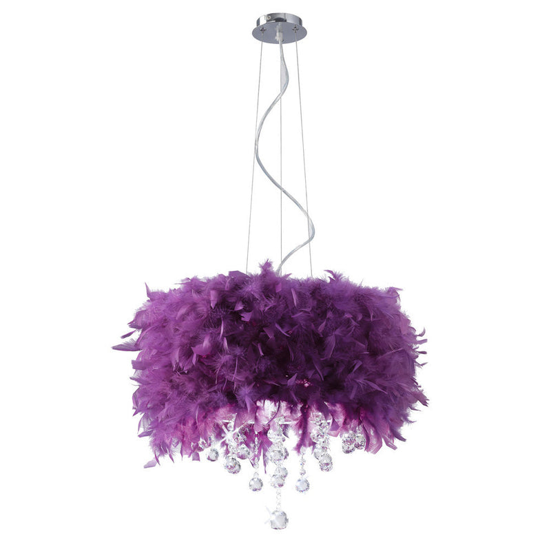 Diyas Ibis Pendant With Purple Feather Shade 3 Light E14 Polished Chrome/Crystal • IL30742/PU