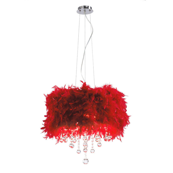 Diyas Ibis Pendant With Red Feather Shade 3 Light E14 Polished Chrome/Crystal • IL30742/RD