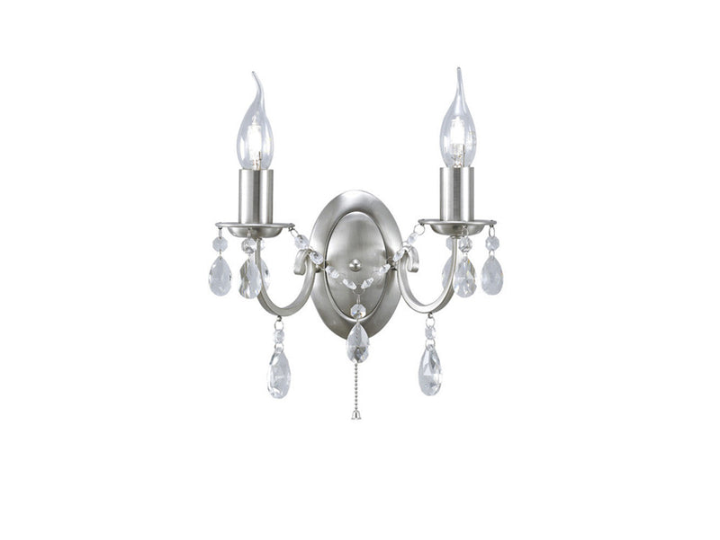 Diyas Kyra Wall Lamp Switched 2 Light E14 Satin Nickel/Crystal • IL30972