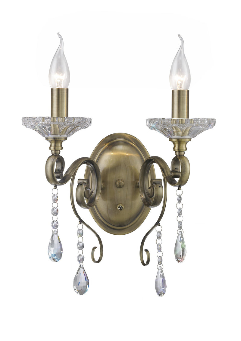 Diyas Libra Wall Lamp Switched 2 Light E14 Antique Brass/Crystal • IL32072