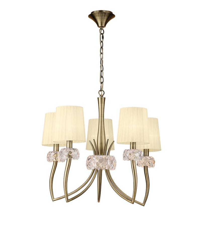 Mantra M4631AB Loewe Pendant 5 Light E14, Antique Brass With Cream Shades • M4631AB