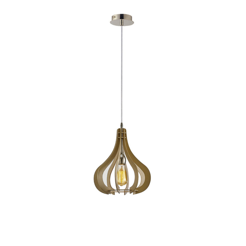 Diyas Lorna Pendant 1 Light E27 Small Polished Nickel/Beige Finish Wood • IL31660