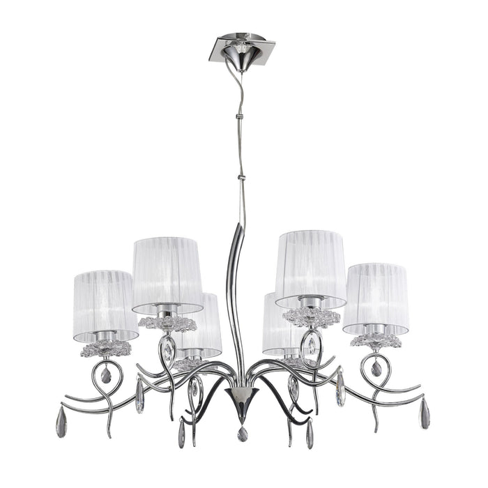 Mantra Louise Pendant 6 Light E27 With White Shades Polished Chrome / Clear Crystal • M5270