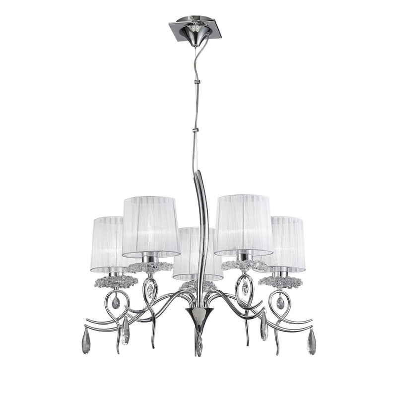 Mantra Louise Pendant 5 Light E27 With White Shades Polished Chrome / Clear Crystal• M5271