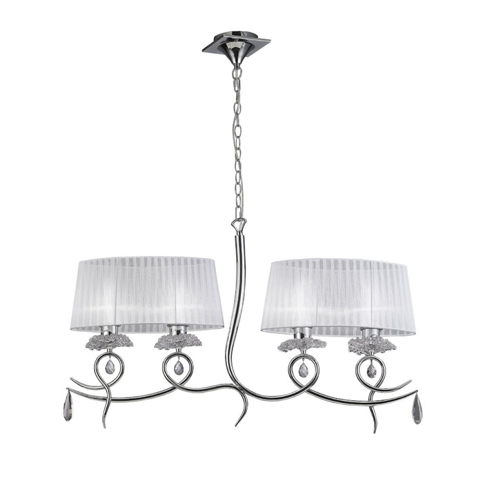 Mantra M5272 Louise Linear Pendant 2 Arm 4 Light E27 With White Oval Shades Polished Chrome/Clear Crystal • M5272