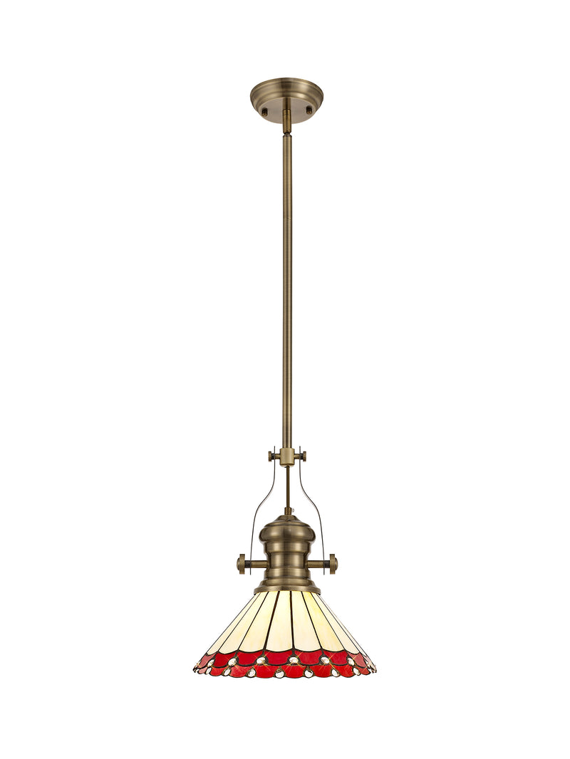 Regal Lighting SL-1034 1 Light 30cm Tiffany Pendant Antique Brass Red And Cream With Clear Crystal Shade