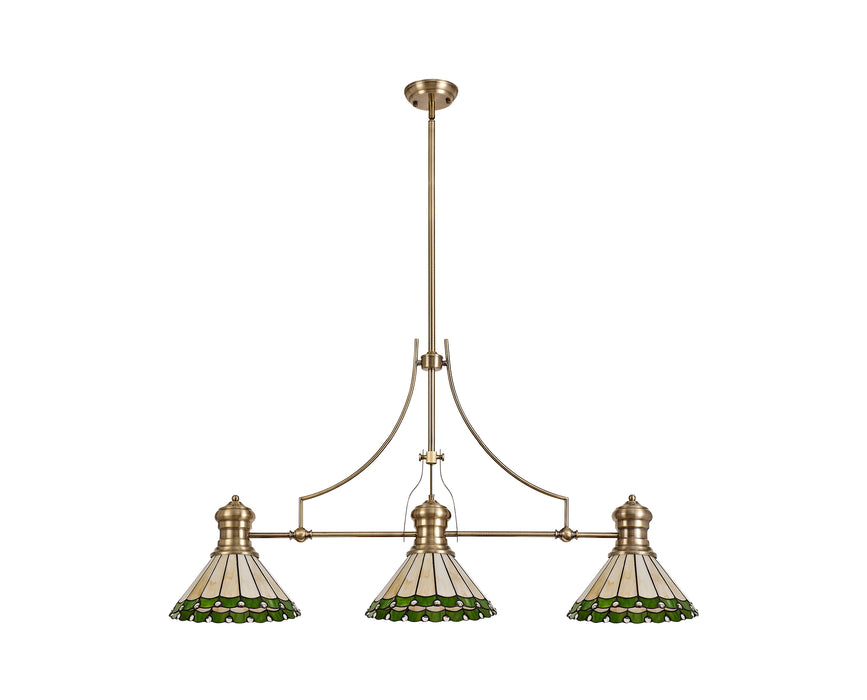 Regal Lighting SL-1017 3 Light Tiffany Pendant Antique Brass With Green and Cream With Clear Crystal Shades