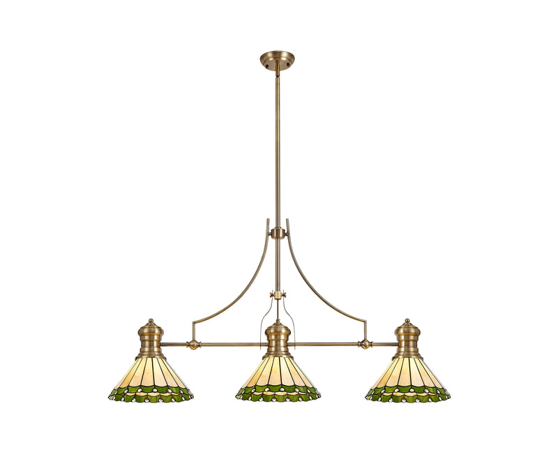 Regal Lighting SL-1017 3 Light Tiffany Pendant Antique Brass With Green and Cream With Clear Crystal Shades