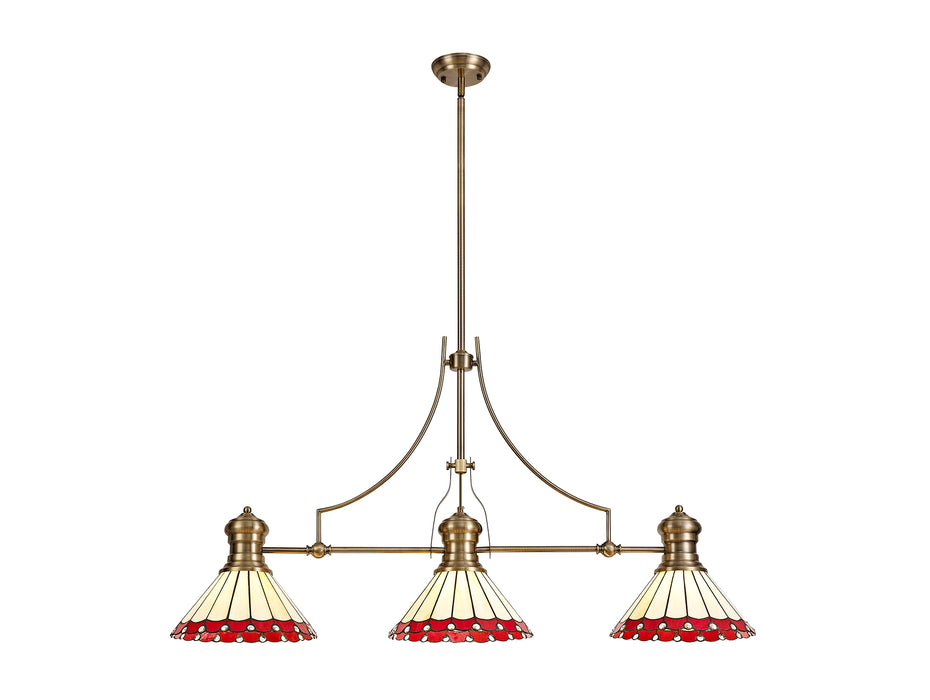 Regal Lighting SL-1015 3 Light Tiffany Pendant Antique Brass With Red and Cream With Clear Crystal Shades