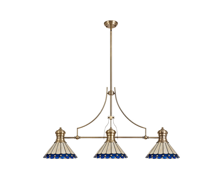 Regal Lighting SL-1014 3 Light Tiffany Pendant Antique Brass Blue And Cream With Clear Crystal Shades