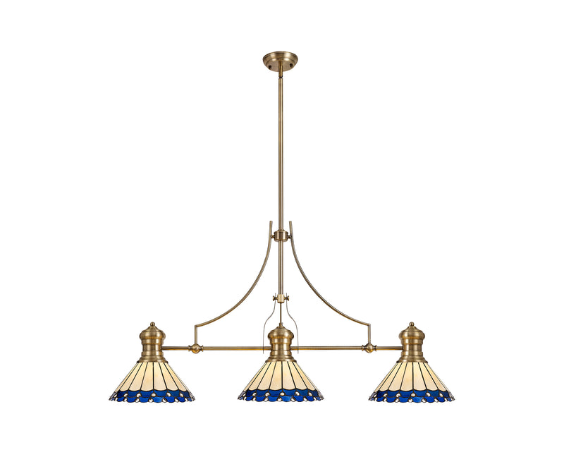 Regal Lighting SL-1014 3 Light Tiffany Pendant Antique Brass Blue And Cream With Clear Crystal Shades
