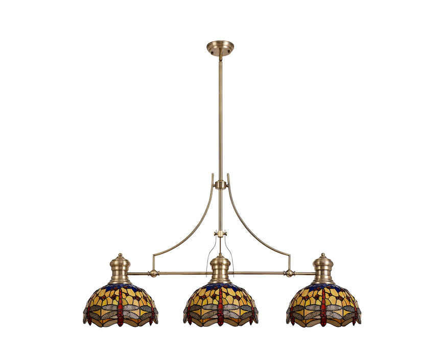 Regal Lighting SL-1011 3 Light Tiffany Pendant Antique Brass Blue And Orange With Clear Crystal Shades