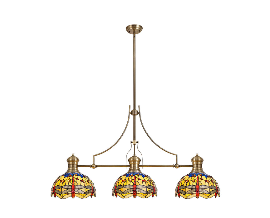 Regal Lighting SL-1011 3 Light Tiffany Pendant Antique Brass Blue And Orange With Clear Crystal Shades