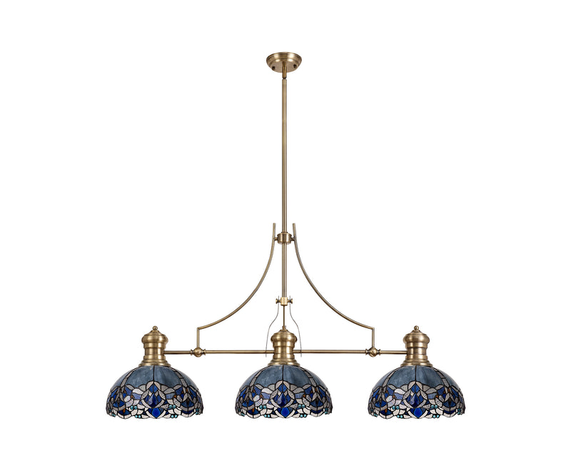 Regal Lighting SL-1009 3 Light Tiffany Pendant Antique Brass With Blue And Clear Crystal Shades