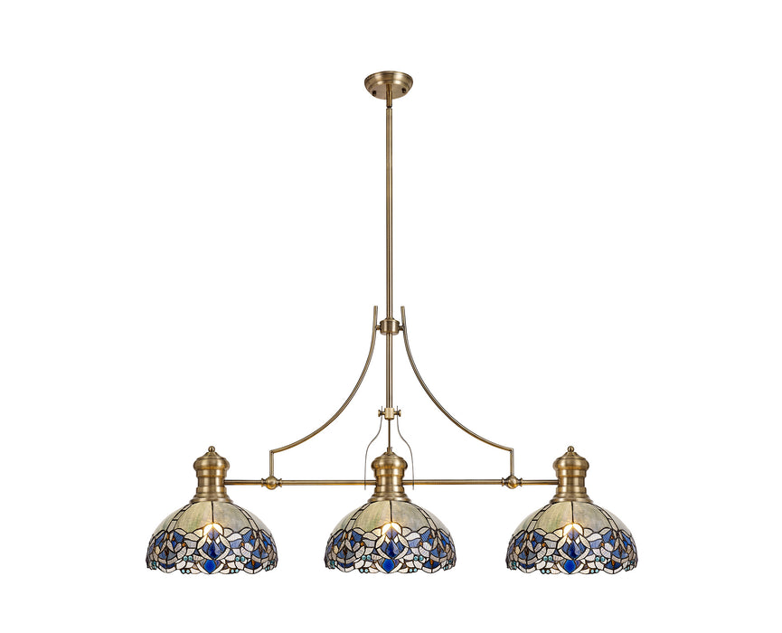 Regal Lighting SL-1009 3 Light Tiffany Pendant Antique Brass With Blue And Clear Crystal Shades