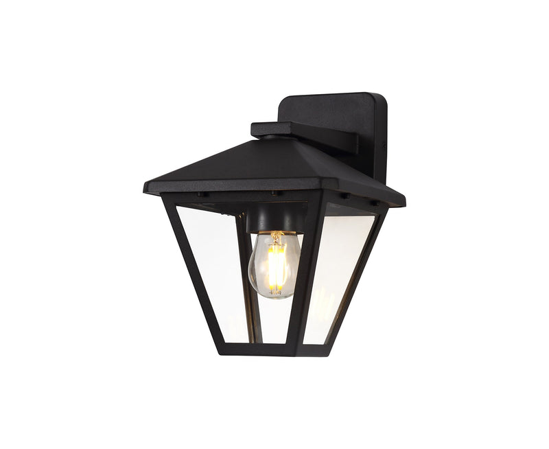 Deco Luqi Downward Wall Lamp, 1 x E27, IP44, Black/Clear Glass, 2yrs Warranty • D0547