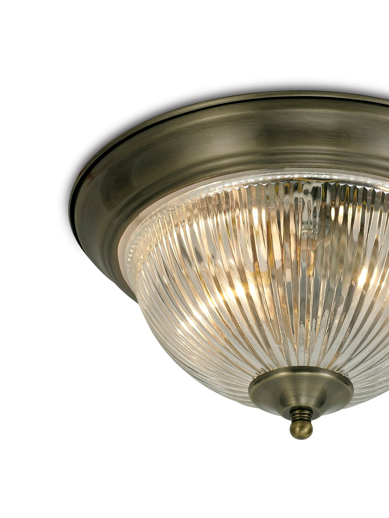 Deco Macy IP44 2 Light E14 Flush Ceiling Light, Antique Brass With Clear Ribbed Glass • D0405