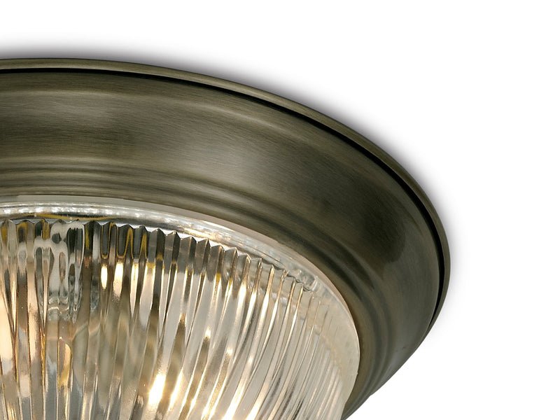 Deco Macy IP44 2 Light E14 Flush Ceiling Light, Antique Brass With Clear Ribbed Glass • D0405