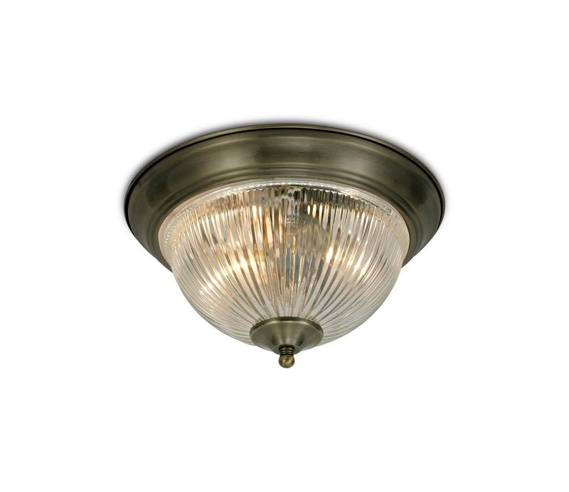 Deco Macy IP44 2 Light E14 Flush Ceiling Light, Antique Brass With Clear Ribbed Glass • D0405