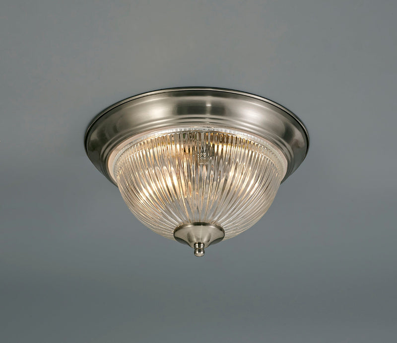 Deco Macy IP44 2 Light E14 Flush Ceiling Light, Satin Nickel With Clear Ribbed Glass • D0406