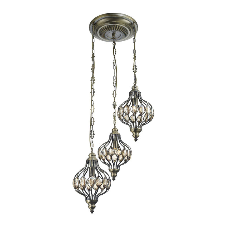Diyas Marisa Triple Pendant Round 3 Light E27 Antique Brass/Amber Crystal • IL31572