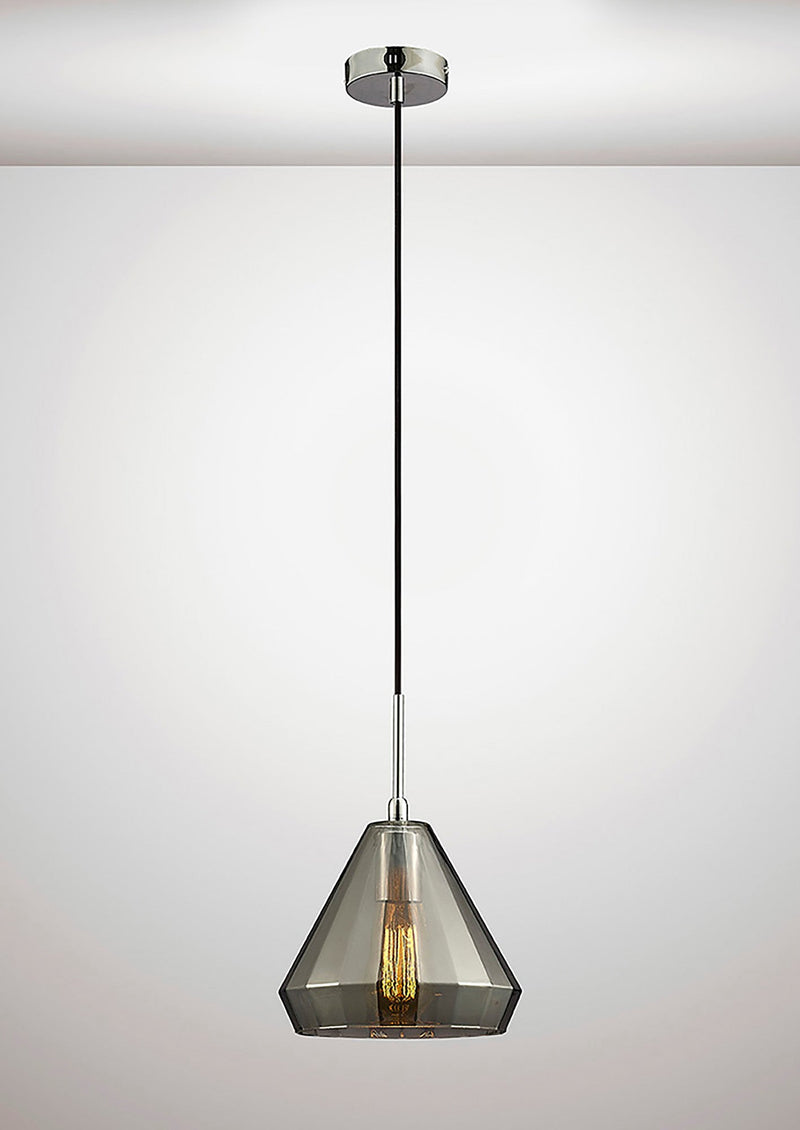 Deco Markus Single Medium Cone Pendant 1 Light E27 Polished Chrome/Smoke Black Glass • D0109