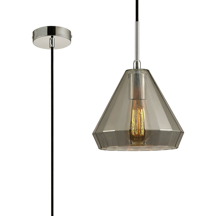 Deco Markus Single Medium Cone Pendant 1 Light E27 Polished Chrome/Smoke Black Glass • D0109