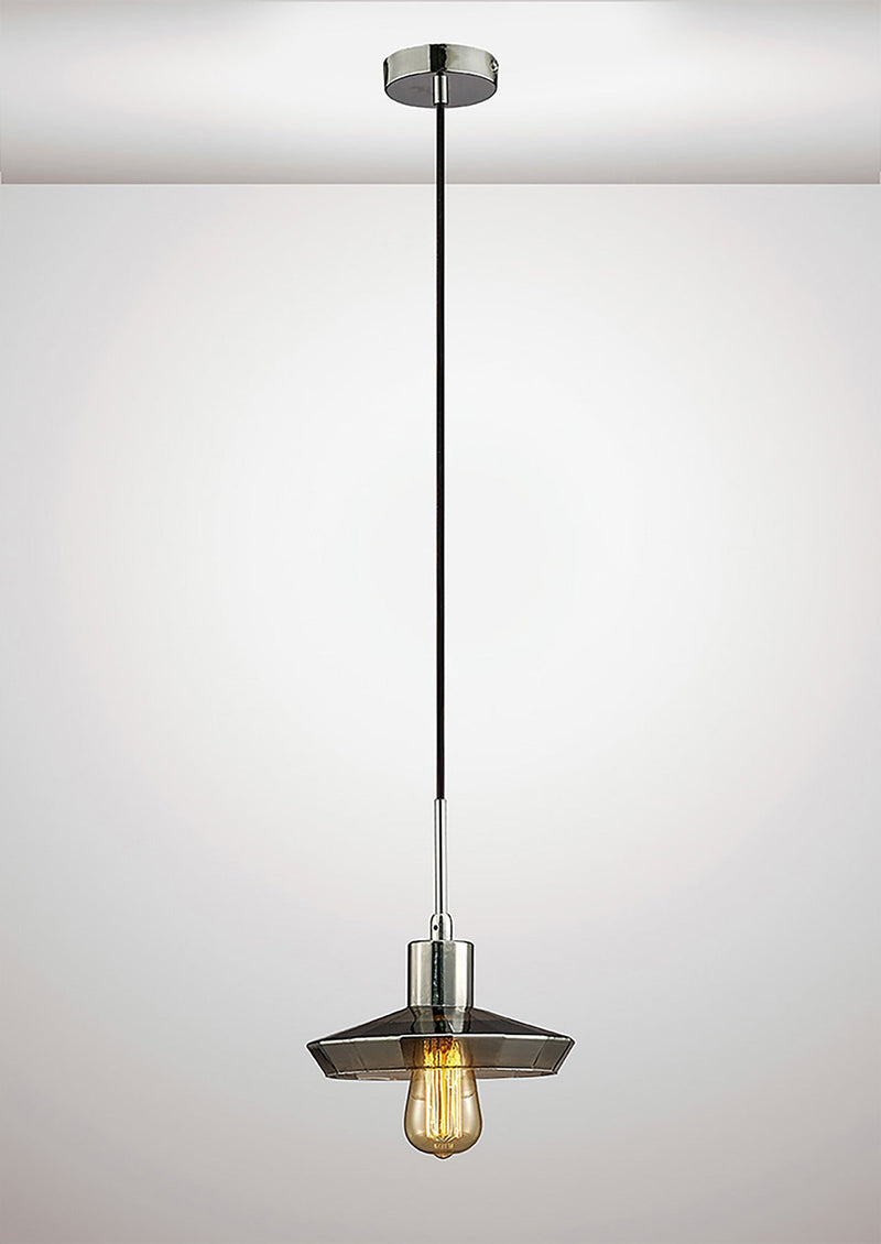 Deco Markus Single Shallow Pendant 1 Light E27 Polished Chrome/Smoke Black Glass • D0110