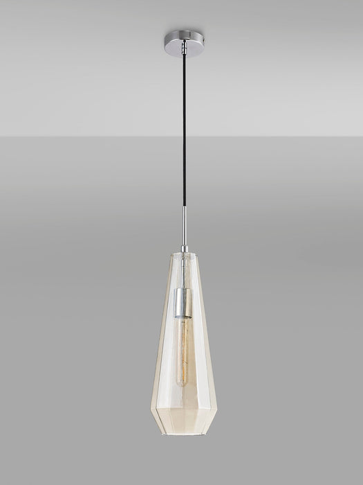 Deco Markus Single Slim Cone Pendant 1 Light Polished Chrome/Cognac Glass • D0602