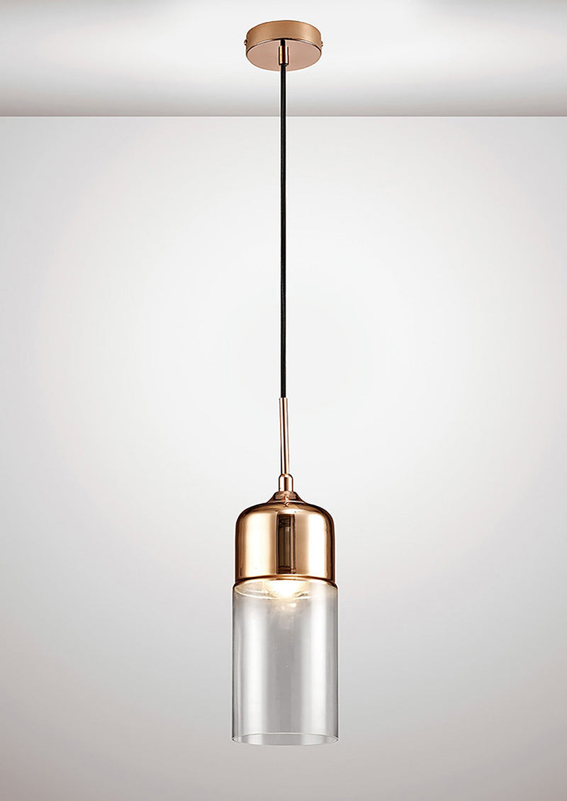 Deco Mia Single Tube Pendant 1 Light E27 Copper/Clear Glass • D0114