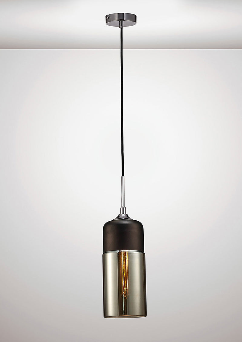 Deco Mia Single Tube Pendant 1 Light E27 Polished Chrome/Black/Smoke Glass • D0115