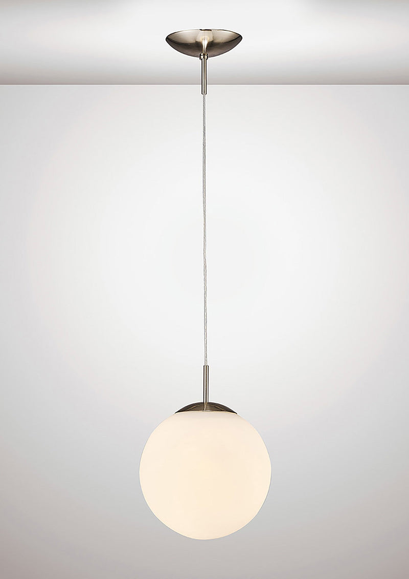 Deco Miranda Small Ball Pendant 1 Light E27 Satin Nickel Suspension With Frosted White Glass Globe • D0122