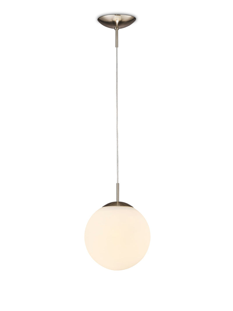 Deco Miranda Small Ball Pendant 1 Light E27 Satin Nickel Suspension With Frosted White Glass Globe • D0122