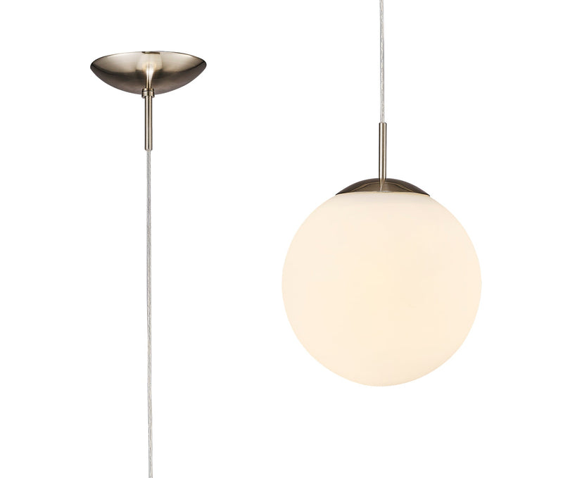Deco Miranda Small Ball Pendant 1 Light E27 Satin Nickel Suspension With Frosted White Glass Globe • D0122