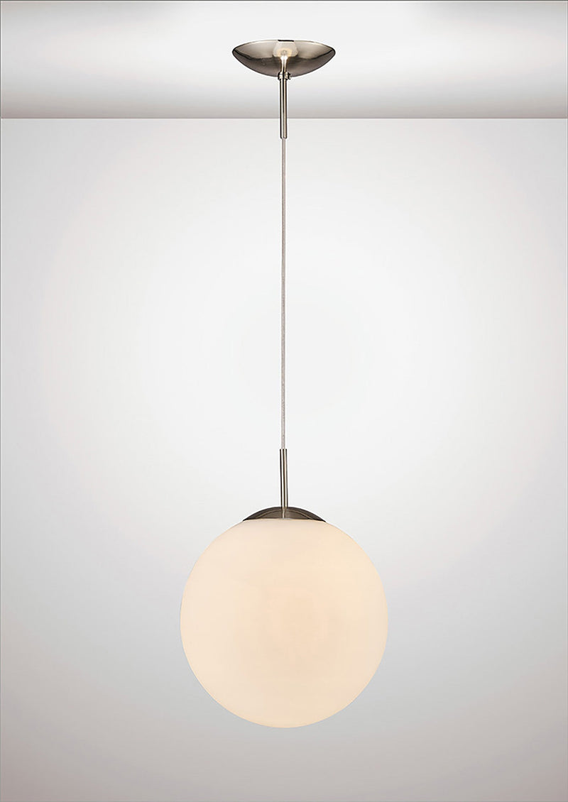 Deco Miranda Medium Ball Pendant 1 Light E27 Satin Nickel Suspension With Frosted White Glass Globe • D0123