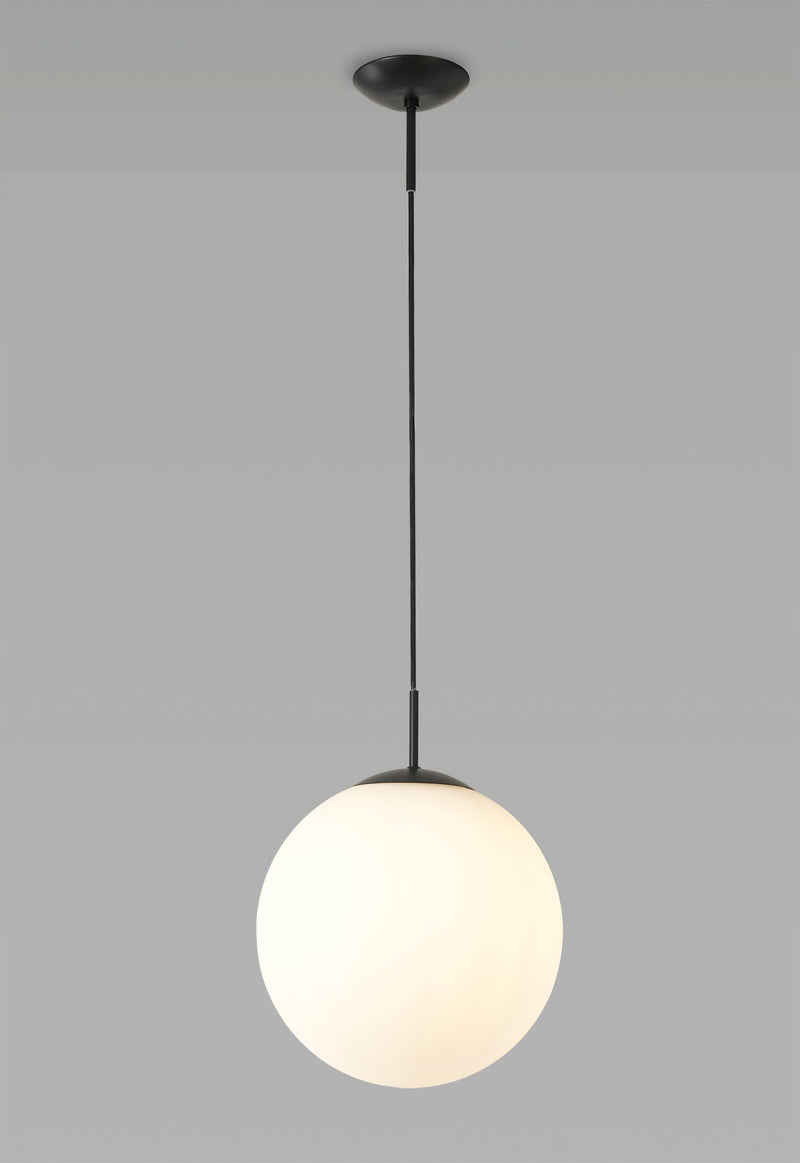 Deco Miranda Medium Ball Pendant 1 Light E27 Black Suspension With Frosted White Glass Globe • D0650